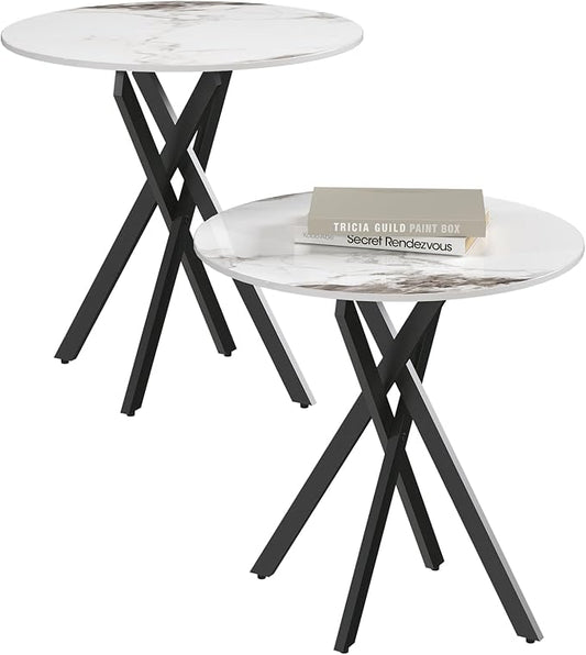 Small Round Marble Side Coffee Table Set of 2 with Metal Legs, Sintered Stone White Modern End Table for Living Room Sofa Home Bed Office (2 Pieces, 20"×20"×18")