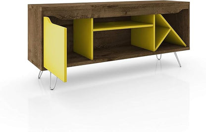Manhattan Comfort Baxter 53.54" Mid Century TV Stand for Bedroom and Living Room Use, Entertainment Center with Storage, Shelves and Wine Racks, Ideal for 46 to 50 Inch Screens, Rustic Brown/Yellow