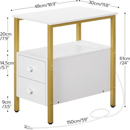 HOOBRO End Table with Charging Station, Narrow Side Table with 2 Drawer & USB Ports & Power Outlets, Nightstand for Small Spaces, Stable and Sturdy, for Living Room, Bedroom, Gold and White DW541BZ01