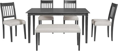 Merax 6-Piece Retro Dining Table Set, 6 Seats Wooden Rectangular Table, with 4 Chairs & 1 Bench for Kitchen Room, Classic Furniture, Dovetall Grey