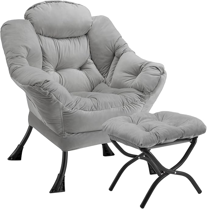 Lazy Chair with Folding Ottoman Modern Large Accent Chair,Contemporary Lounge Leisure Sofa Chair with Armrests Upholstered Sofa Armchair Reading Chair for Bedroom,Dorm&Office (Light Grey-f)