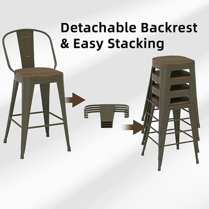 24” Swivel Bar Stools Set of 4, Counter Height Bar Stools Wooden Seat, Metal Industrial Bar Chairs with High Back for Kitchen Island (Rusty)