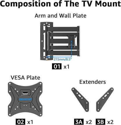 MOUNTUP Corner TV Wall Mount for Most 26-65 Inch TVs, Long Arm TV Mount with 30 Inch Extension Arm, Smooth Swivel Tilt Single Stud Full Motion Bracket Max VESA 400x400mm, 77 lbs Heavy Duty, MU0057