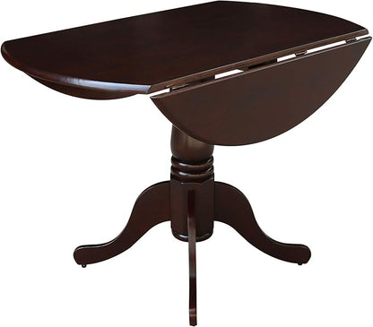 IC International Concepts, 42" Round Dual Drop Leaf Pedestal Dining Table, Solid Real Wood, Sturdy Parawood, Rich Mocha