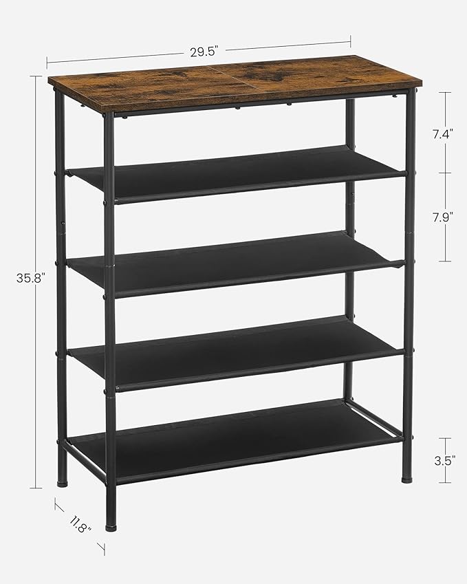 VASAGLE Shoe Rack, 5-Tier Shoe Storage Organizer for Entryway and Closet, Holds 12-16 Pairs of Shoes, 4 Fabric Shelves, Steel Frame, Industrial, Rustic Brown and Black ULBS036B01
