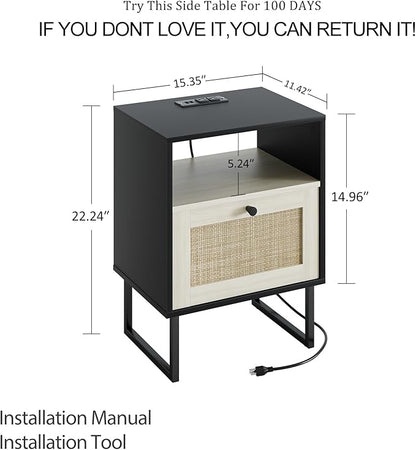 Masupu Boho Night Stand, Small Rattan Side Table, Wood Nightstand with Drawer and Charging Station, Bedside Table with White Shelf, End Table for Bedroom,Living Room,Office (Black Mix White)