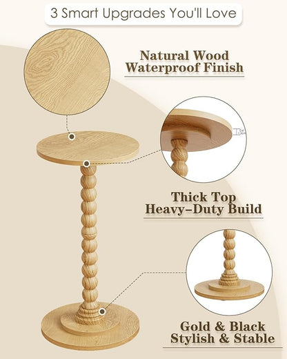 Masupu Round Side Table, Small End Table for Small Spaces, Pedestal Drink Table with Solid Wood Leg for Living Room, Bedroom, Corners(Natural)