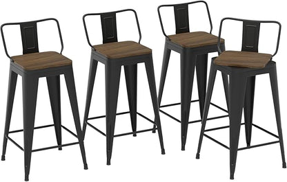 26 Inch Swivel Bar Stools Set of 4, Counter Height Bar Stools with Low Back, Metal Industrial Bar Chairs for Kitchen Island (Matte Black)