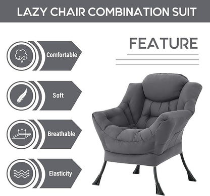 LITA Lazy Chair with Ottoman, Modern Accent Leisure Upholstered Sofa, Contemporary Lounge Reading Chair with Armrests and a Side Pocket for Living Room, Bedroom & Small Space, Single Dark Grey