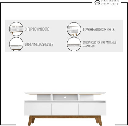 Manhattan Comfort Yonkers 63 Inch Mid Century Modern TV Stand with Storage, 3 Flip Down Door, Hole for Wire Management, Fits Up to 60" Television, Durable & Versatile Console Table, Off White/Cinnamon