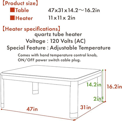 PaletteLife Japanese Heated Table (47x31in)- Wooden Chabudai Furniture with 120V Electric Heater - Low-Lying Dining and Work Desk with Temperature Control Knob Casual kotatsu