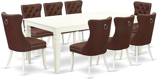 East West Furniture LGDA9-LWH-26 9 Piece Kitchen Table Set Consists of a Rectangle Dining Table with Butterfly Leaf and 8 Polyester Fabric Upholstered Parson Chairs, 42x84 Inch, linen white