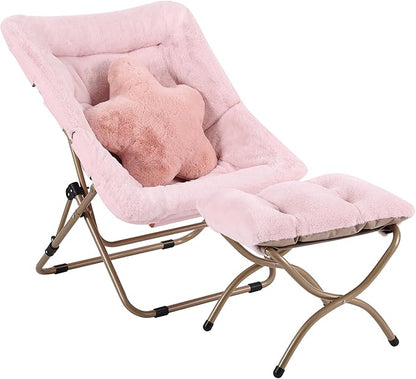 Welnow Comfy Saucer Chair with Ottoman, Oversized Folding Reading Chair for Adults with Throw Pillow Soft Faux Fur Lounge Chair for Bedroom Furry Accent Chair for Living Room, Dorm Rooms, Pink
