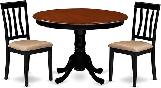East West Furniture HLAN3-BCH-C 3 Piece Modern Dining Table Set Contains a Round Wooden Table with Pedestal and 2 Linen Fabric Kitchen Dining Chairs, 42x42 Inch, Black & Cherry