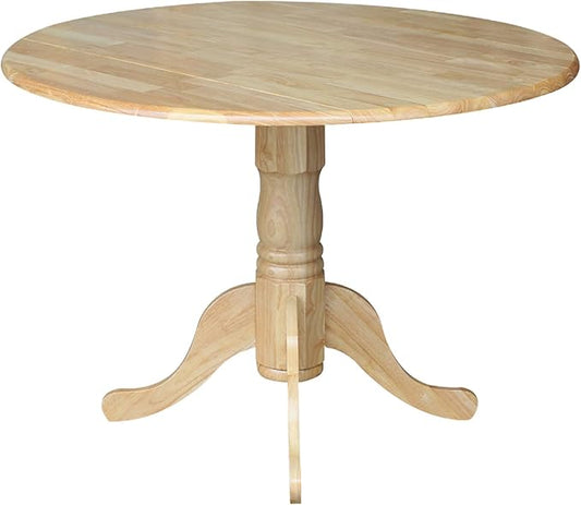 IC International Concepts, 42" Round Dual Drop Leaf Pedestal Dining Table, Solid Real Wood, Sturdy Parawood, Natural