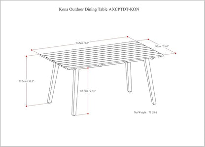 SIMPLIHOME Kona SOLID ACACIA WOOD 65 inch Wide Rectangle Contemporary Outdoor Dining Table in Light Teak for the Dining Room