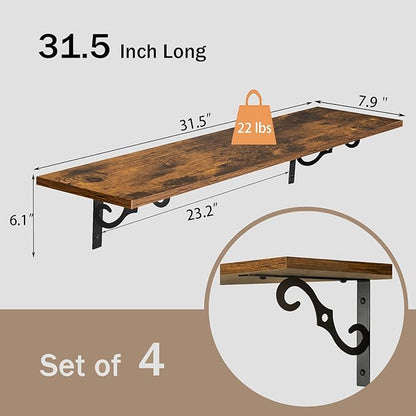 DINZI LVJ Long Wall Shelves, 31.5 Inch Large Floating Shelves Set of 4, Wide Display Shelf Wall Mounted with Brackets, Easy Hanging for Living Room, Toilet, Office, Bedroom, Rustic Brown