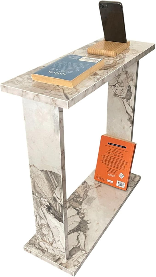 Very Narrow Side Table for Living Room, Small Apartment Space Between Chairs Skinny Table for Recliner, Couch, Armchair, Thin Slim End Table for Living Room, Bedroom, Beverages (White Marble)