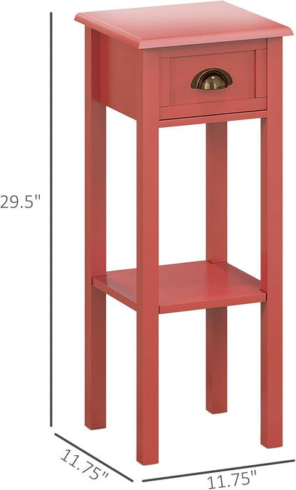HOMCOM 2-Tier Side Table with Drawer, Narrow End Table with Bottom Shelf, for Living Room, Set of 2, Red