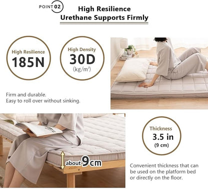 EMOOR Japanese Padded Futon Mattress Machi Twin Gray, Gusset Foldable Storable Elastic Bands Floor Sleeping Guest Bed Tatami Mat