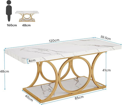Tribesigns Rectangle Coffee Table, 46.45-inch Modern Coffee Tables for Living Room, 2-Tier Faux Marble Wood Coffee Table with Geometric Legs, Furniture with Storage Shelf (White & Gold)