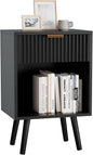 YMYNY Mid Century Modern Nightstand, Side Table, Fluted Night Stand with Drawer, Open Shelf Unit, Golden Handle, Solid Wood Legs, Bedside Table, for Bedroom, Black UHST013B