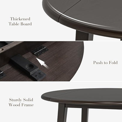 COLAMY 5-Piece Extendable Dining Table Set for 4, 36" Kitchen Round Wood Table with 4 Wooden Dining Room Chairs,Dark Brown/Green