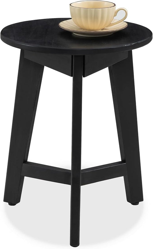 Round Side Table – Solid Acacia Wood End Table for Living Room or Bedroom – Black Wood Finish, Compact Nightstand or Accent Table for Sofas & Beds (13 x 16 x 13 Inches)