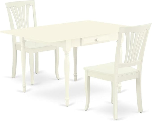 East West Furniture MZAV3-LWH-W 3 Piece Dinette Set for Small Spaces Contains a Rectangle Dining Table with Dropleaf and 2 Dining Chairs, 36x54 Inch, Linen White