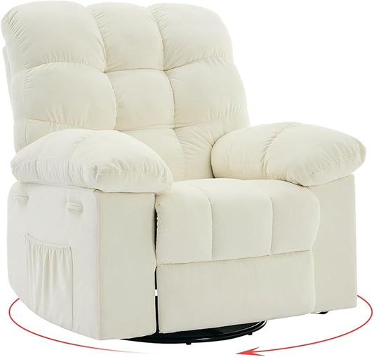Rocking Recliner Chair,360° Swivel Rocker Chair for Living Room,Upholstered Fabric Glider Nursery Chair with Side Pockets for Small Spaces,Q235 Steel Frame Lazy Boy Recliner Single Sofa(Beige)