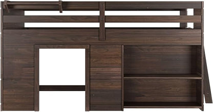 Max & Lily Modern Farmhouse Twin Low Loft Bed with Bookcase - Solid Wood, 15” Guardrails, 400-lb Capacity, Low-VOC Finish, Barnwood Brown