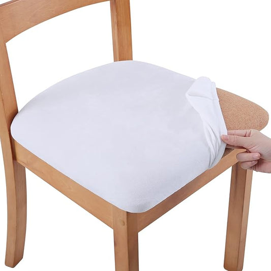 Smiry Velvet Seat Covers for Dining Room Chair Set of 4, Stretch Fit Removable Washable Chair Seat Cushion Protector Slipcovers with Ties, White