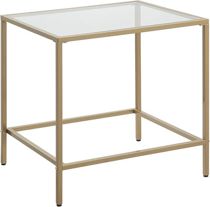 CAWS Gold End Table, Tempered Glass Rectangle Side Table with Stain Gold Metal Frame, Accent Table, Night Stand, Modern Minimalist Table for Living Room, Dining Room, Bedroom, Office or Outdoor