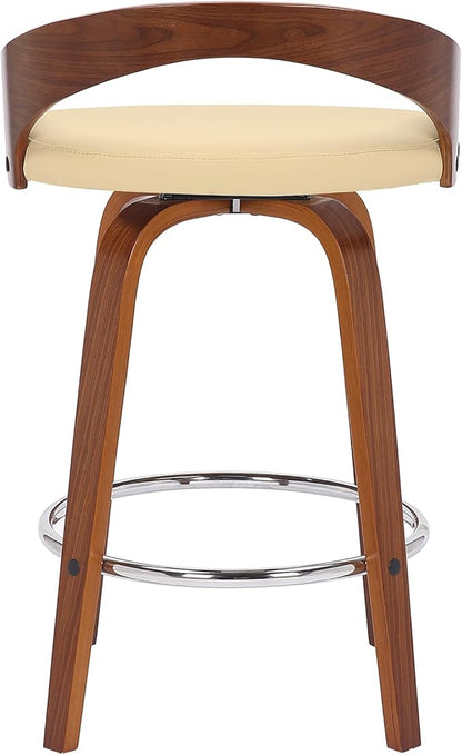 Armen Living Sonia 26" Counter Height Swivel Cream Faux Leather and Walnut Wood Bar Stool