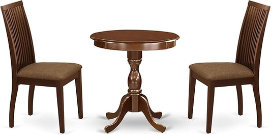 East West Furniture ESIP3-MAH-C 3 Piece Modern Dining Table Set Contains a Round Wooden Table with Pedestal and 2 Linen Fabric Upholstered Dining Chairs, 30x30 Inch, Mahogany