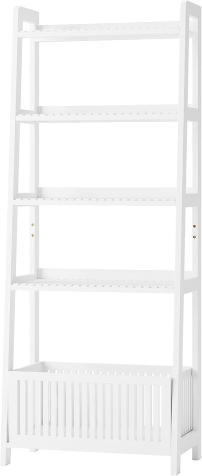 Bamjoy Bamboo White Bookshelf with Slatted Basket, Ladder Bookcase with 4 Display Shelves and 1 Open Storage Basket, Multifunctional Storage Rack Organizer for Home Office, Bedroom, Living Room, 66” H