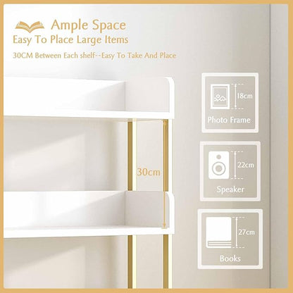 Wide Open Shelf Bookcase - Modern 5-Tier Floor Standing Display Bookshelf with Top Edge for Home and Office, Storage Shelving in Warm White with Gold Frame