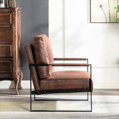 Container Furniture Classic Mid Century Modern Accent Chair with Durable Square Metal Frame, Armchair for Living Room, Bedroom, Home Office in Spotted Microfiber Upholstery, Brown