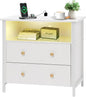 27 Inch Wide Night Stand, Large Wood Night Stand with 2 Drawers, LED Nightstand with Charging Station and Adjustable Drawer, Bedside Table for Living Room/Bedroom/Study/Office, White.