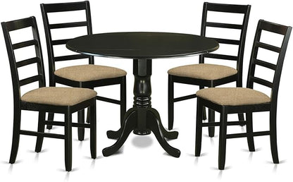 East West Furniture DLPF5-BLK-C 5 Piece Dining Table Set for 4 Includes a Round Kitchen Table with Dropleaf and 4 Linen Fabric Dining Room Chairs, 42x42 Inch, Black
