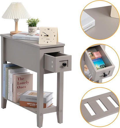 Gery Chairside Narrow End Table, Solid Recliner Side Table with Drawer, Slim Nightstand Bedside Table for Living Room Bedroom