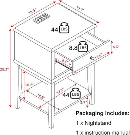 conifferism White Nightstand with Charging Station 28 inches Tall for Bedroom, Sofa Side Table with 2 Drawers,Large End Table with USB Ports,Modern Bedside Table for Home Living Room
