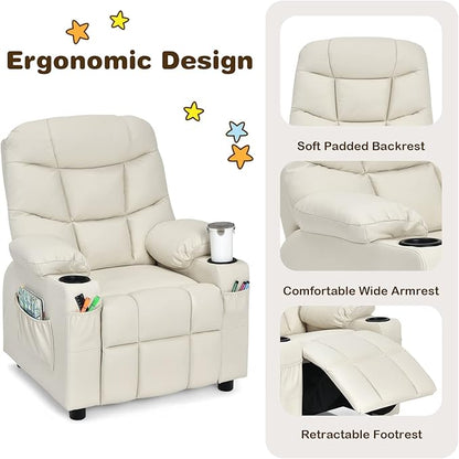 Costzon Kids Recliner Chair with Cup Holder, Adjustable Lounge Chair w/Footrest & Side Pockets for Children Boys Girls Room, Ergonomic Toddler Furniture Sofa, Kids Recliner (Beige)