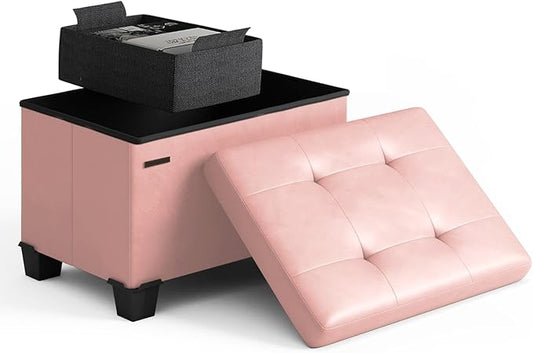 STORAGEBUD Storage Ottoman Cube with Small Bin, 16-in Square Ottoman with Storage for Living Room and Bedroom, Small Ottomans Foot Rest, Faux Leather Foot Stools Ottomans Max 330lbs, Pink