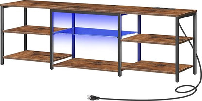 HOOBRO LED TV Stand for 75 Inch TVs with Charging Station, Gaming Entertainment Center with Open Storage, Media TV Console Table, TV Stand for Living Room, Bedroom, Rustic Brown and Black BF21UDDS01