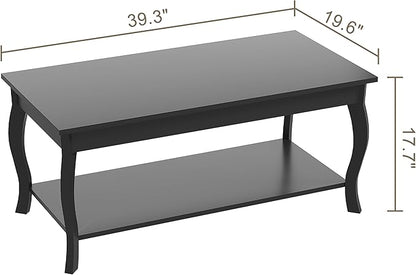 ChooChoo Coffee Table, Modern Center Table with Curved Legs and Storage Shelf, 39" Coffee Table for Living Room, Black