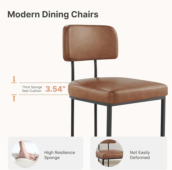 Dining Chairs Set of 4, Upholstered Modern Kitchen Chairs with Ergonomic Backrest, Faux Leather Cushion Seat & Metal Legs for Living Room, Restaurant, and Café, Brown, 2 Boxs