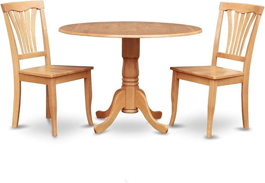 East West Furniture DLAV3-OAK-W 3 Piece Dining Room Furniture Set Contains a Round Kitchen Table with Dropleaf and 2 Dining Chairs, 42x42 Inch, Oak