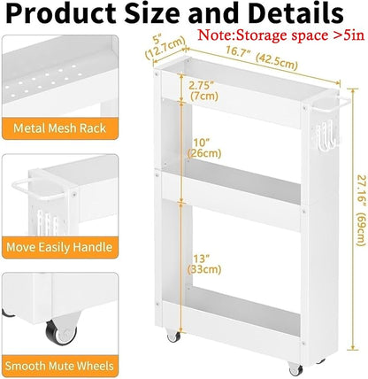 Slim Storage Cart, 5 in Width, 3-Tier White Rolling Cart with Handle for Kitchen Bathroom Laundry Narrow Places