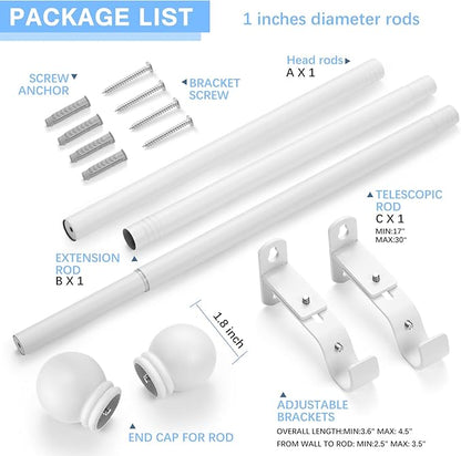 Curtain Rods for Windows 16 to 48 Inches, Curtain Rod Max Adjustable Length of 60 IN, 1" Diameter Drapery Rods Round Finials, White, Pack of 1